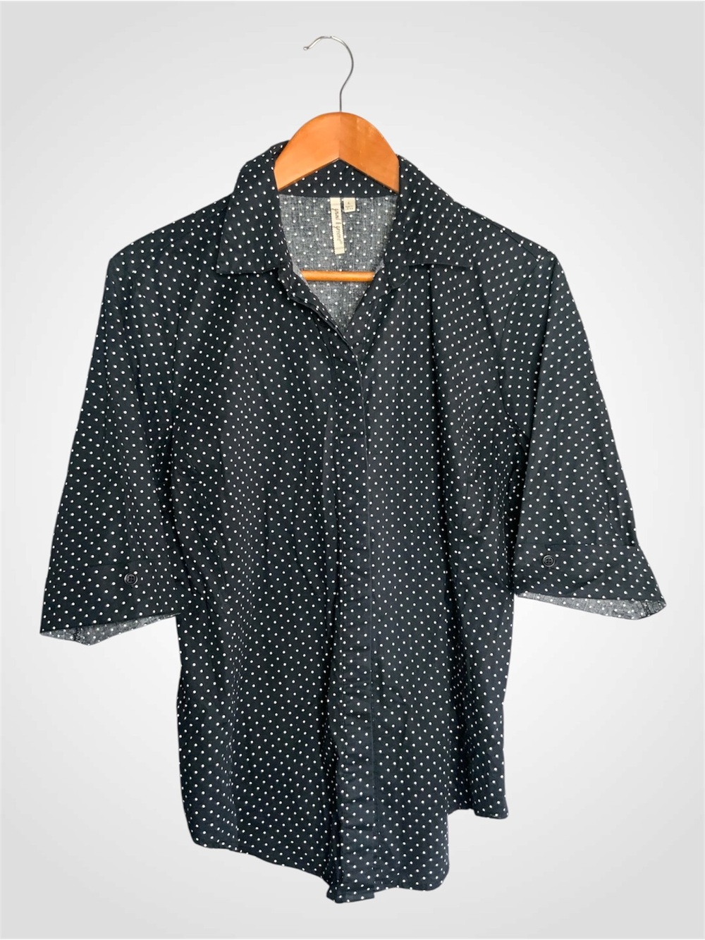 grand & greene Black Cotton Button-Down Shirt with White Polka Dots Large